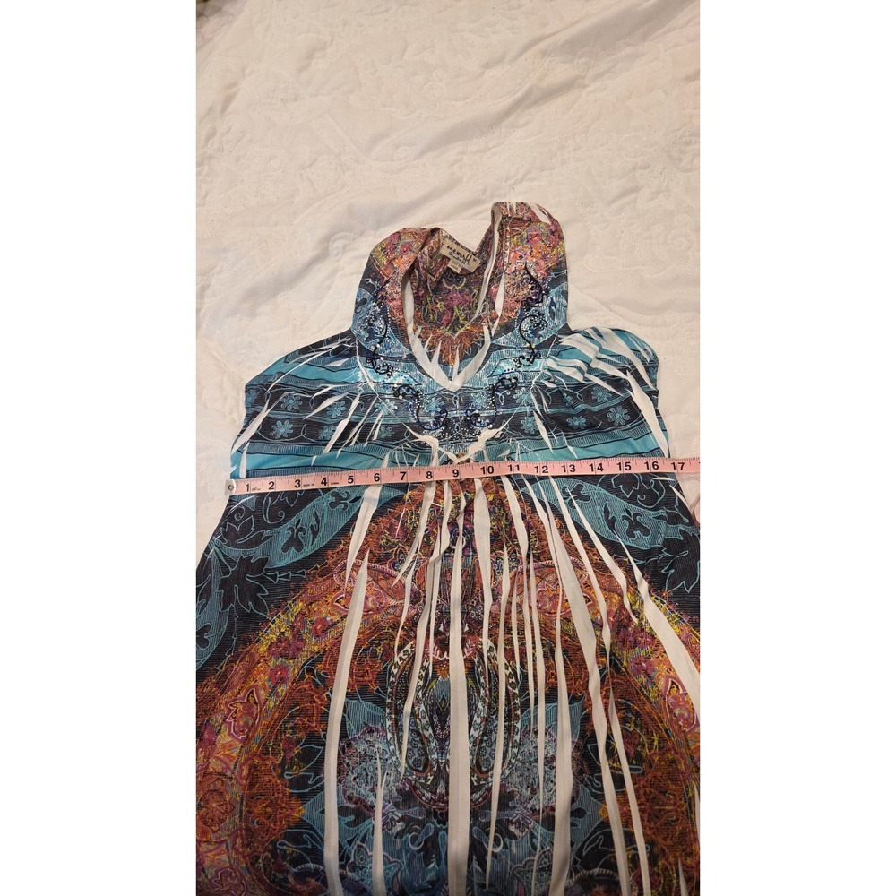 One World Paisley Rhinestone V-Neck  Dress‎ Blue Medium Boho Hippie Festival - Picture 10 of 10